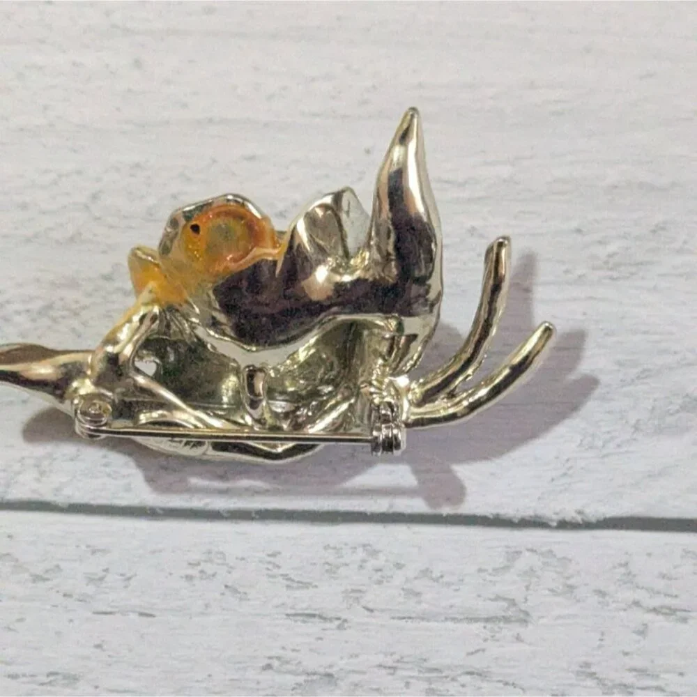 Vintage‎ Weiss Gold Tone Enamel Flower Brooch Rhinestones Green & Yellow Elegant